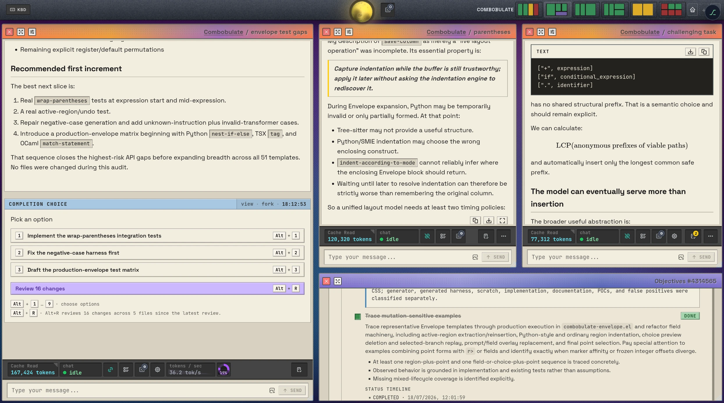 Four DreamCoder agent panes tiled across the screen, each showing a
                          rendered conversation with code, tables and a keyboard-driven choice list.