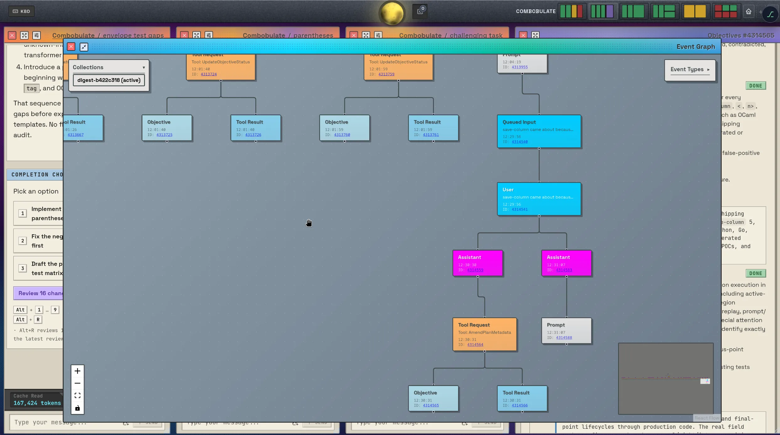 The event graph pane: colour-coded nodes for prompts, assistants, tool
                          requests, results and objectives, linked into a tree with a minimap.