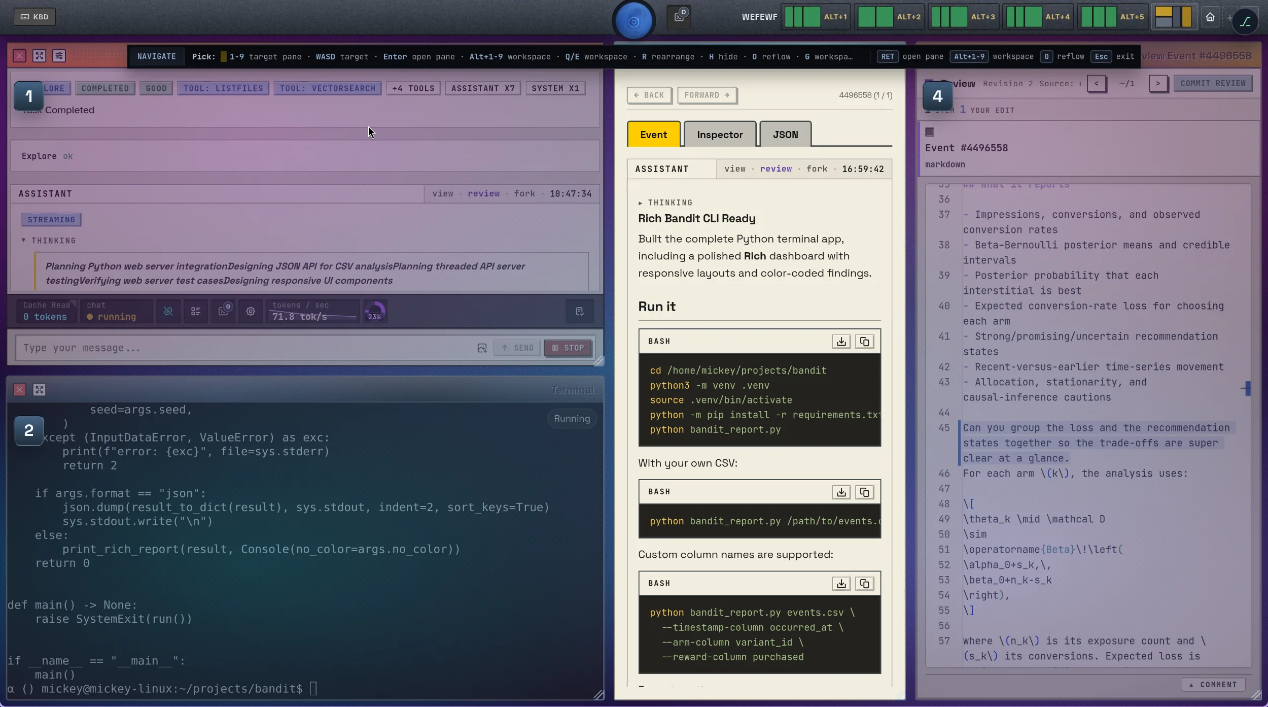DreamCoder in keyboard mode: a command bar across the top (WASD to target panes,
                          Q/E for workspaces) above tiled panes — a streaming assistant, a Python terminal,
                          a Markdown report and a code review.