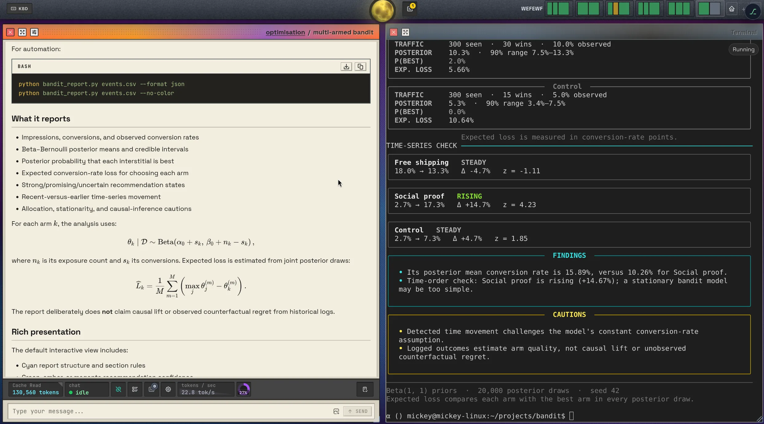 Two DreamCoder panes: a Markdown chat with rendered LaTeX equations and section
                          headings, beside a terminal streaming a script's tabular output, findings and cautions.