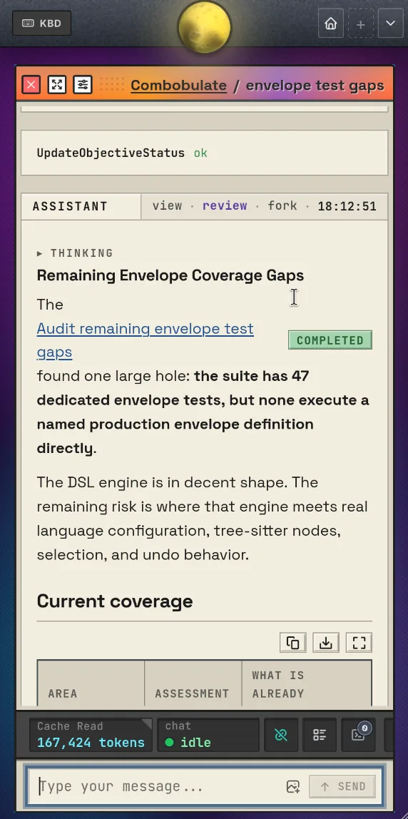 DreamCoder on a phone in portrait: a single agent pane with the rendered
                          reply, status bar and message box reflowed to one column.